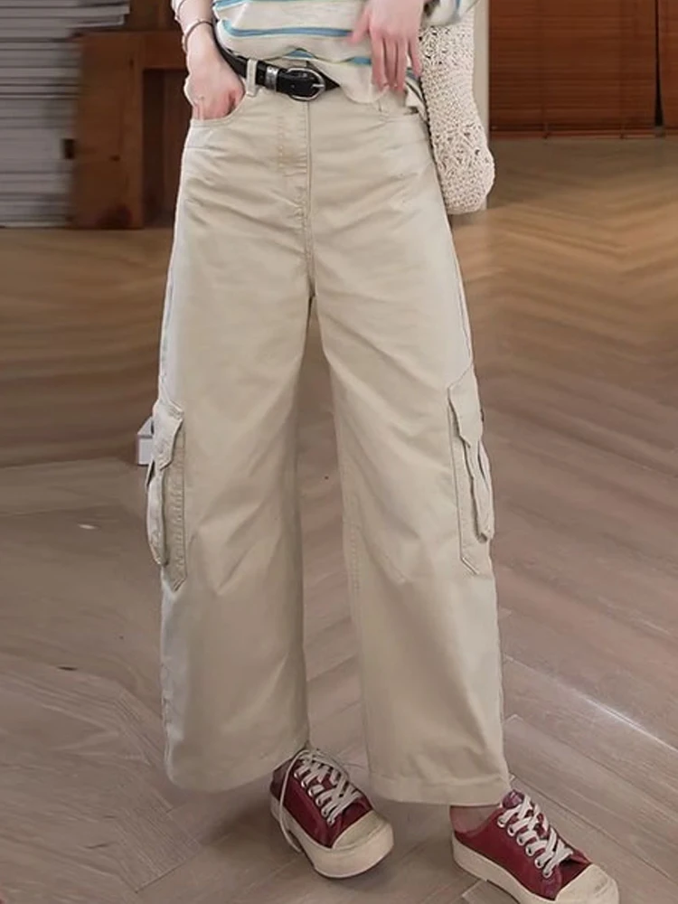 Khaki Wide Leg Workwear Trousers for Women High Waist Loose Multi Pockets Casual Straight Cut Pants Spring Autumn New Style
