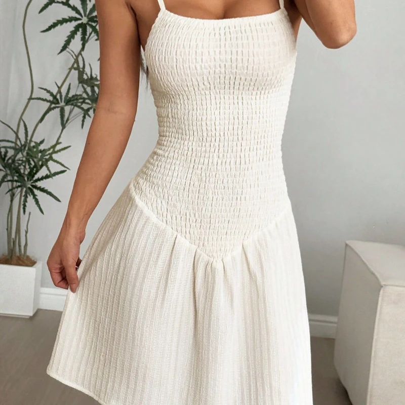 Robes d'été à bretelles Spaghetti pour femmes, taille élastique, plis froncés épissés, Sexy, débardeur, robe blanche, Mini élégante, fête de vacances