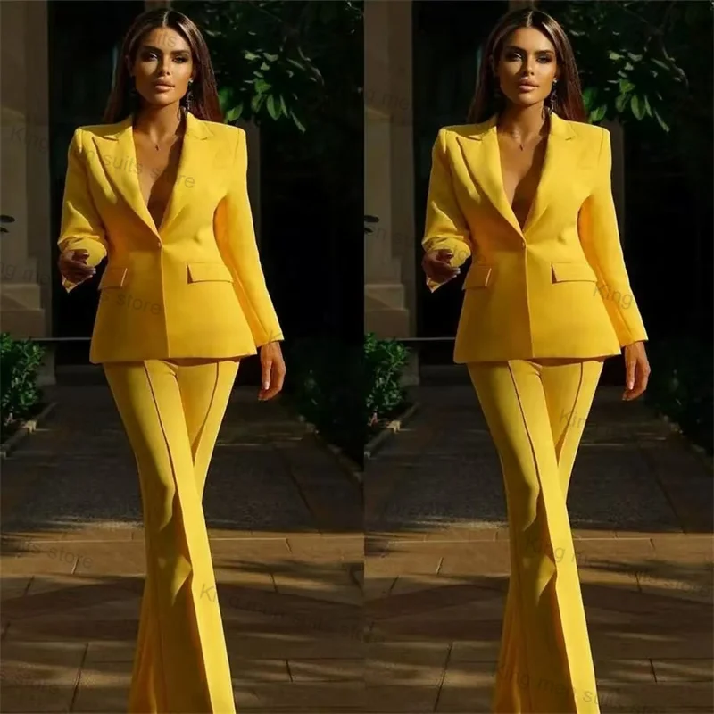 

Yellow Formal Women Suit Pants Set 2 Piece Blazer+Trousers Cotton Autumn Custom Made Office Lady Wedding Tuxedo Jacket Prom Coat