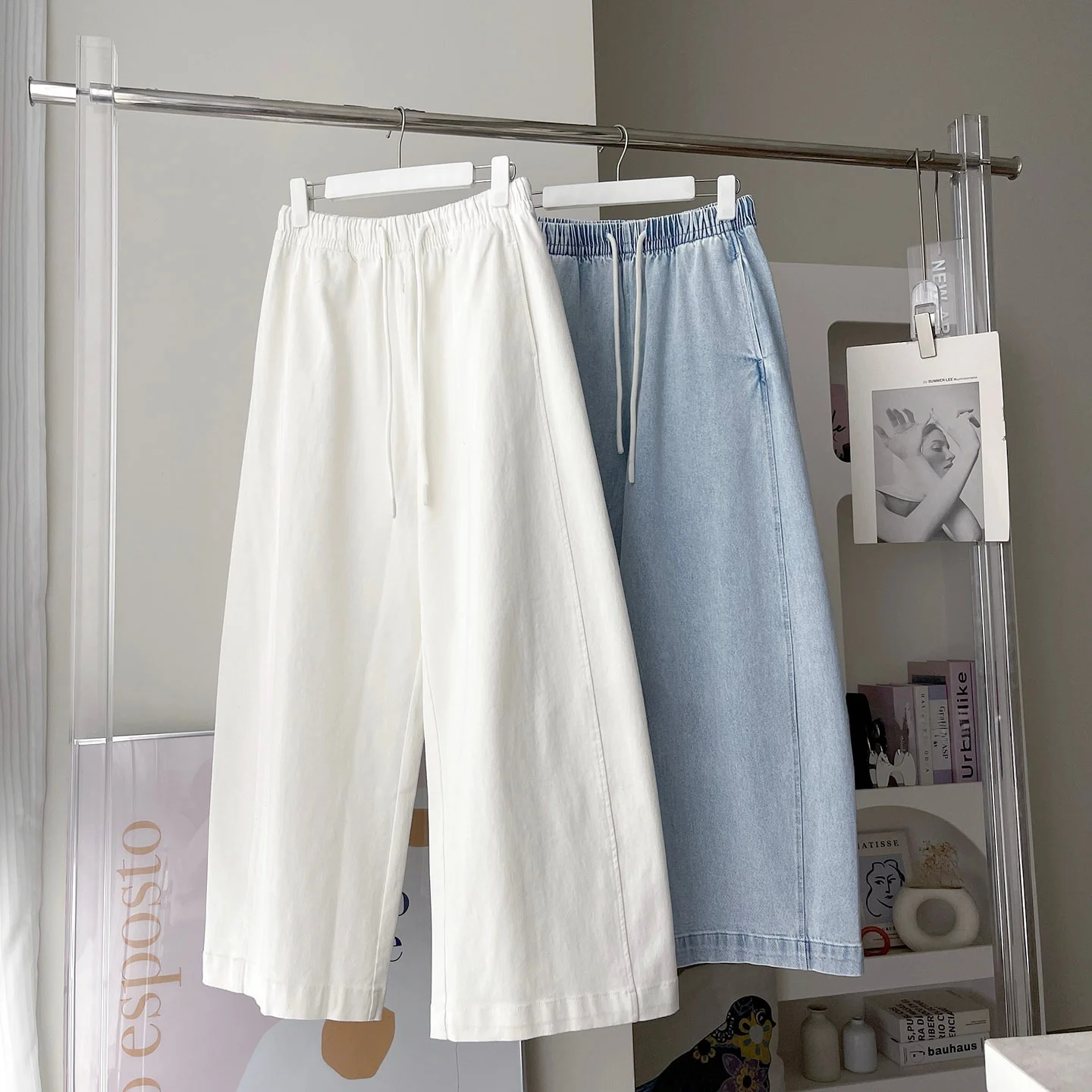 

Elastic Waist Dstring Pleated Wide Leg Jeans Casual Versatile Women's Spring Autumn Light Blue Denim Pants Slimming Effect