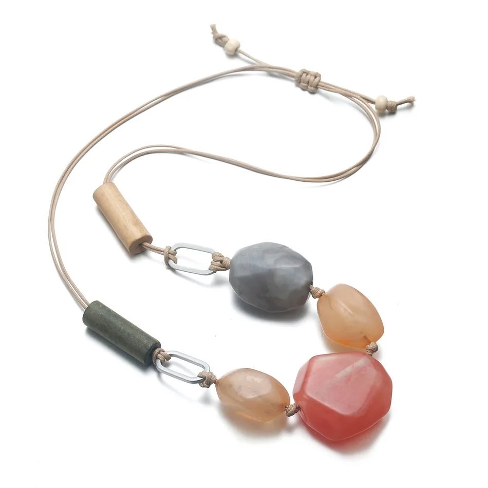 Adjustable rope chain candy color geometric acrylic long necklace retro women's handmade wooden bead necklace wholesale