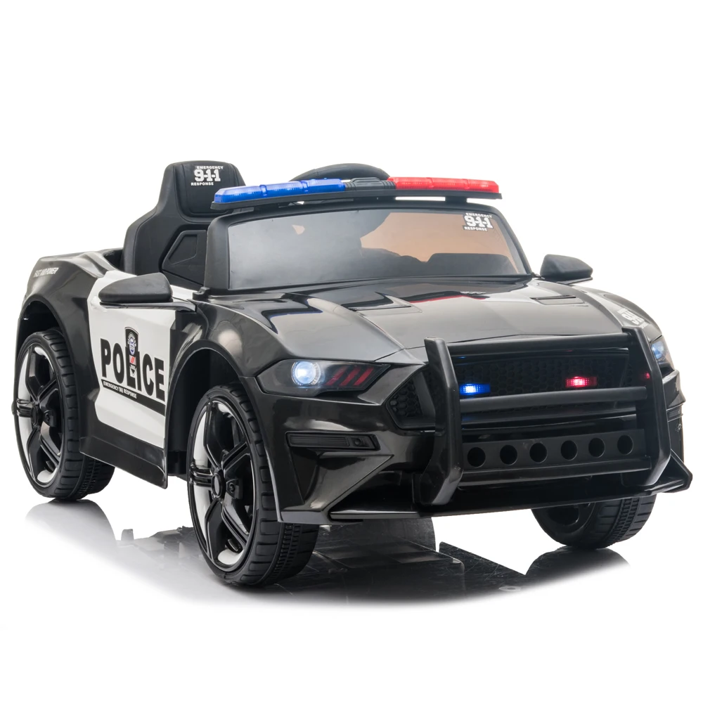 Coche deportivo de policía para niños, 12V, Control remoto de 2,4 GHZ, luces LED, sirena, micrófono, negro