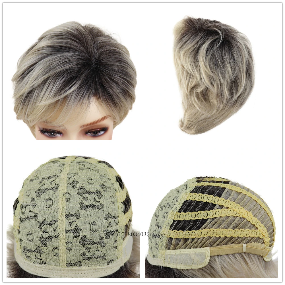 Ombre Blonde Wig with Bangs Synthetic Hair Short Haircuts Mommy Wig Natural Hairstyles Gradient Color Old Lady White Woman Wigs