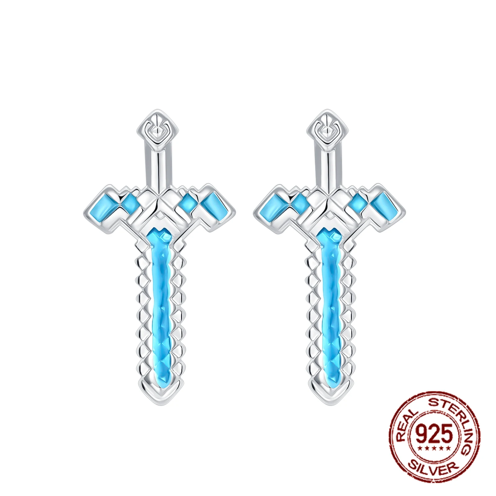 

925 Sterling Silver Retro Pixel Art Style Gemstone Sword Earrings for Women Studs Earrings Geometry Jewelry