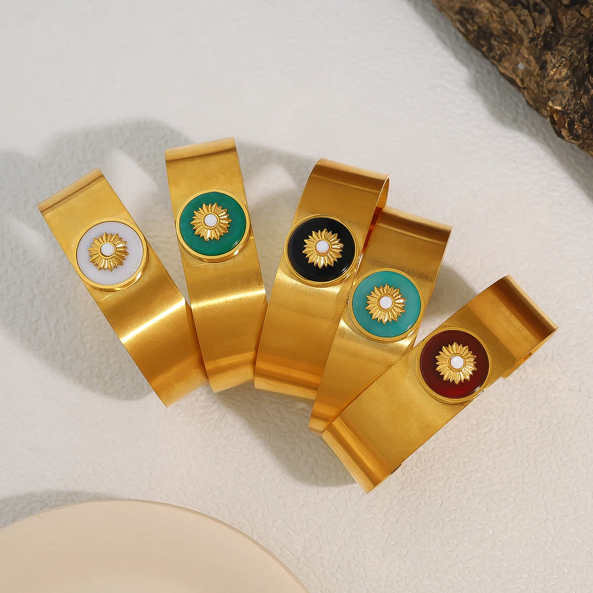 WILD & FREE Retro Stainless Steel Wide Cuff Bracelets for Women 18K Gold Plated Luxury Acrylic Charm Waterproof Jewelry