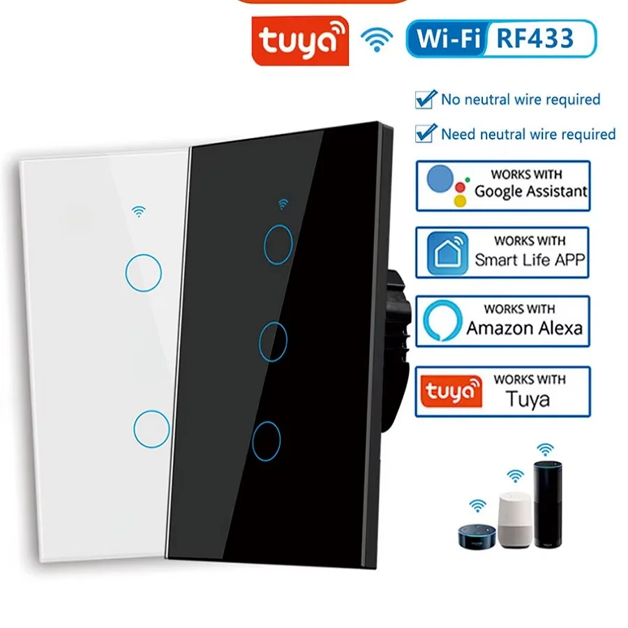 

Сенсорный переключатель Tuya Smart Life Light WiFi RF433 Датчик Smart Switch Приложение Дистанционное управление Без нейтрального провода 110 В для Alexa Google Home