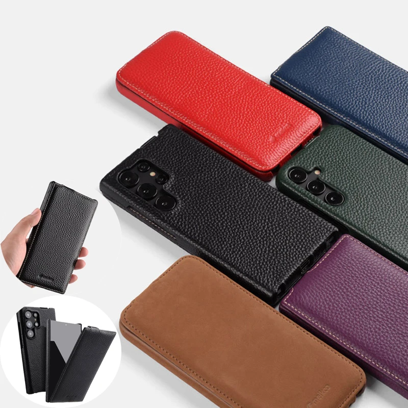 

Retro Solid Color Genuine Leather Vertical Flip Cover for Samsung Galaxy S25 Ultra S24 Plus with Back Supports Wireless Charging