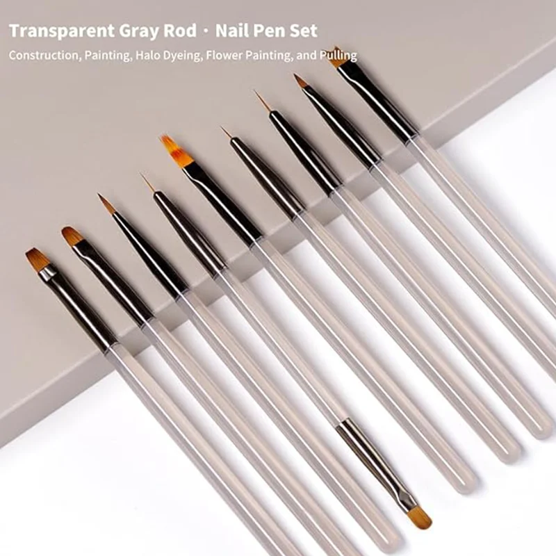 9Pcs/Set Grey Rod Nail Art Brush 9 Different Tips UV Gel Painting Drawing Pulling Flowers Pen Professional Manicure Salon Tools