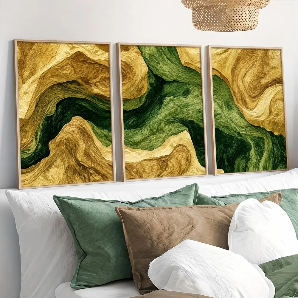 Emerald Green Gold Marble Abstract Painting Calligraphy Canvas Poster Set Wall Art for Living Room Bedroom Home Modern Decor