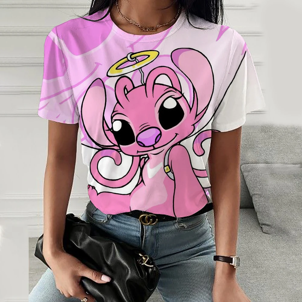 Kawaii Cartoon Happy Stitch Heart Kiss Women Tops 2024 Summer Plus Size S-3XL T-shirts 3D Shirt Hippie Tee Woman Clothes