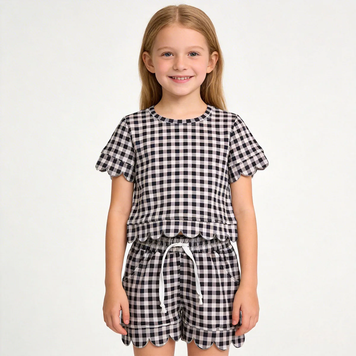 

Baby Girl Short Sleeve Black Checked Top Kids Shorts Scallop Clothes Sets Toddler Clothes Children Boutqiue Clothing Wholesale