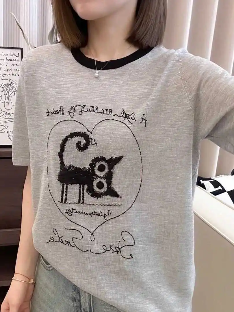 

plus Size Women's T-Shirt round Neck Heart Print Short Sleeve Ice Silk Loose Slimming Summer Top Korean Style Casual Wear