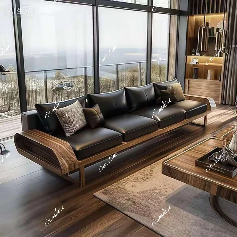 Modern simple light luxury leather solid wood three-person sofa