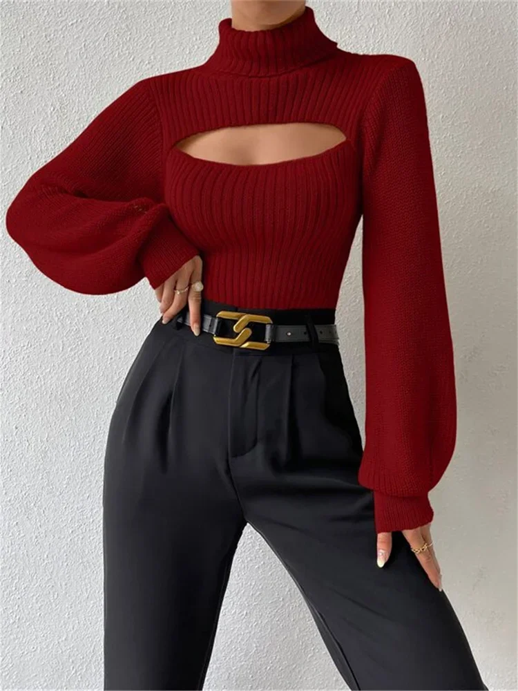 Tossy Hollow Out Knit Sweater Pullover For Women Turtleneck Fashion Ribbed High Street Long Sleeve Knitwear Loose Sweater Female