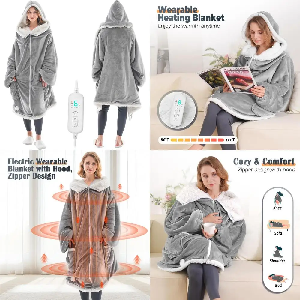 بطانية تسخين كهربائية مع سحاب وأكمام وغطاء للرأس لراحة يمكن ارتداؤها