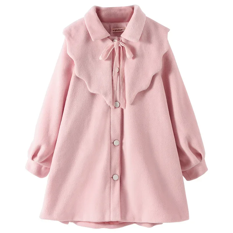 Winter Girls Wool Coat Mid-length Pink Princess Outerwear for Kids Fleece Thick Warm Fashion Teen Children Clothes 10 12 Years