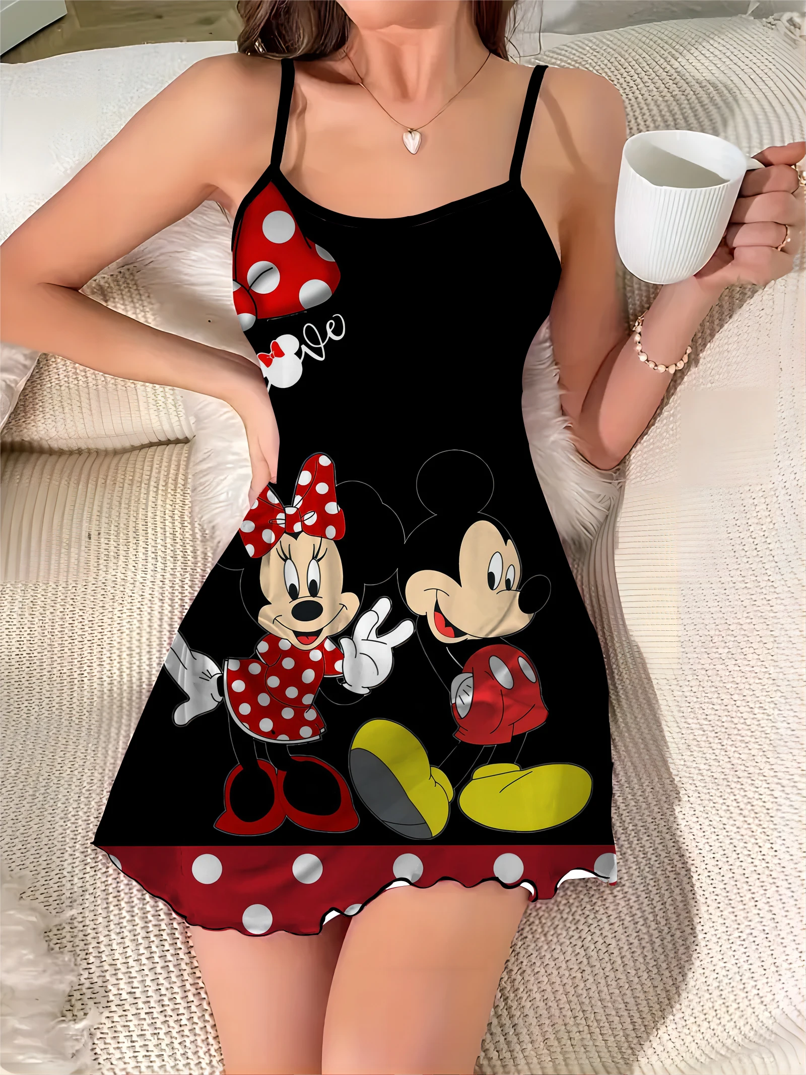 

Disney Satin Surface Lettuce Trim Pajama Skirt Sexy Dress Crew Neck Mickey Elegant Dresses for Women Minnie Mouse Chic Mini Trim