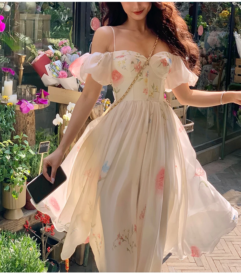 One Shoulder Bubble Sleeve Suspender Floral Dress Summer 2025 French Style Long Skirt Children Evening Dresses Elegantes Prom