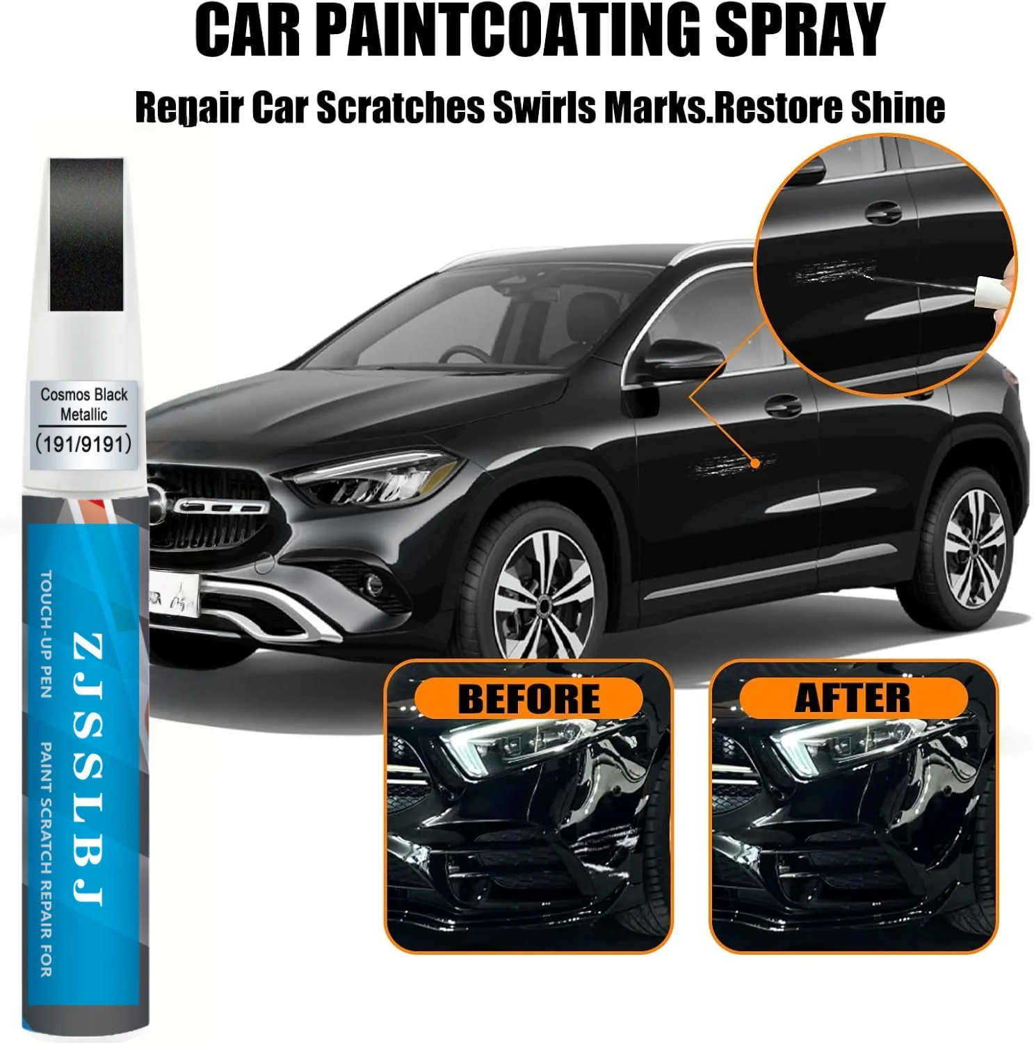 for Mercedes-Benz Touch Up Paint(Cosmos Black Metallic(191/9191)), Car Paint Repair Kit for Mercedes-Benz, 2 In 1 Scratches Repa