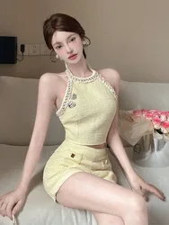 2024 Summer New Elegant Chain Woven Hanging Neck Vest Temperament Shorts Style Suit Solid Color Summer Set Two Piece