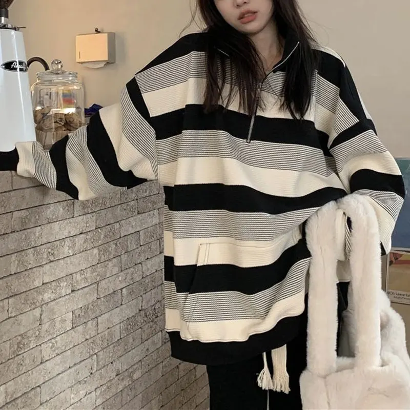 Striped Stand Collar Sweatshirts Female Clothing Korean Stylish Zipper Spring Autumn Loose Casual Contrasting Colors Pullovers