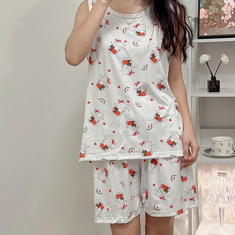 Conjunto de pijama Sanrio Hello Kitty para mulheres, Desenhos animados, doce, fofo, kawaii, casa, roupas casuais, Y2K, moda menina, regata, calção, conjunto 2 peças