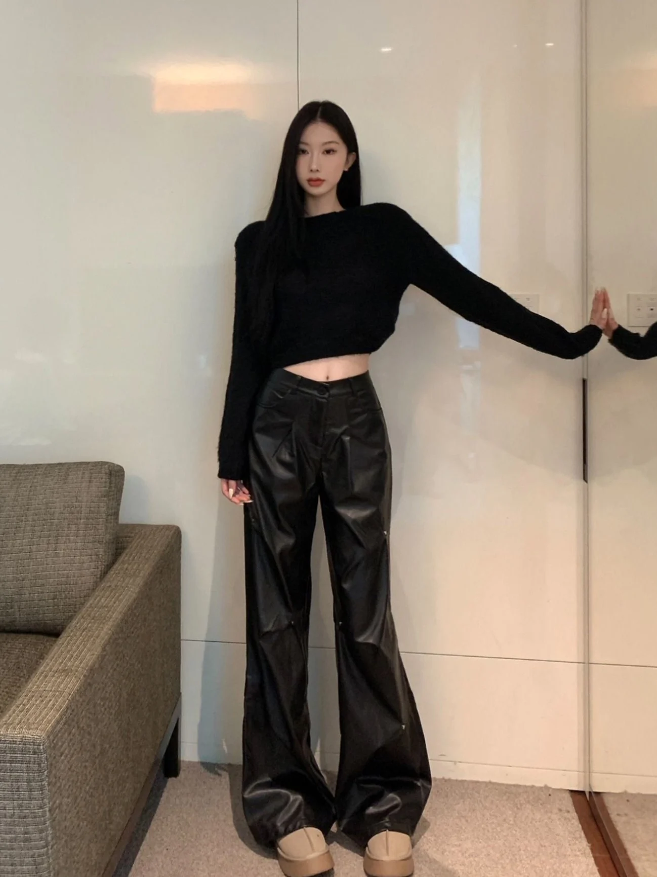 Retro American Black Leather Pants And Short Knitted Sweater Women's Fashion Set Autumn New Style High Waist Wide Leg Pants