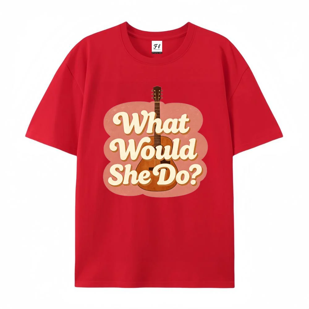 Women T Shirt What Would She Do Guitar Letter Graphic Print White Short Sleeve Cotton Tee Summer Casual Vintage Tops