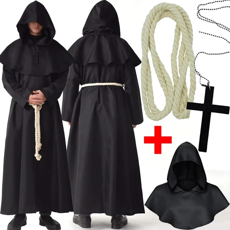 Friar Medieval Monk Long Cloak Priest Knight Robe Cross Necklace Belt Tattoo Halloween Adult Teens Costume Cape Party Props