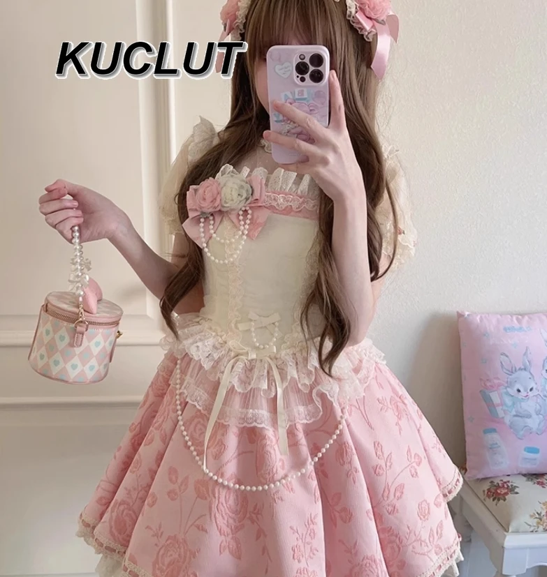 Jsk – robe Lolita en Jacquard pour femmes, douce et mignonne, courte et moelleuse, rose, robe de princesse élégante, nouvelle collection été 2025