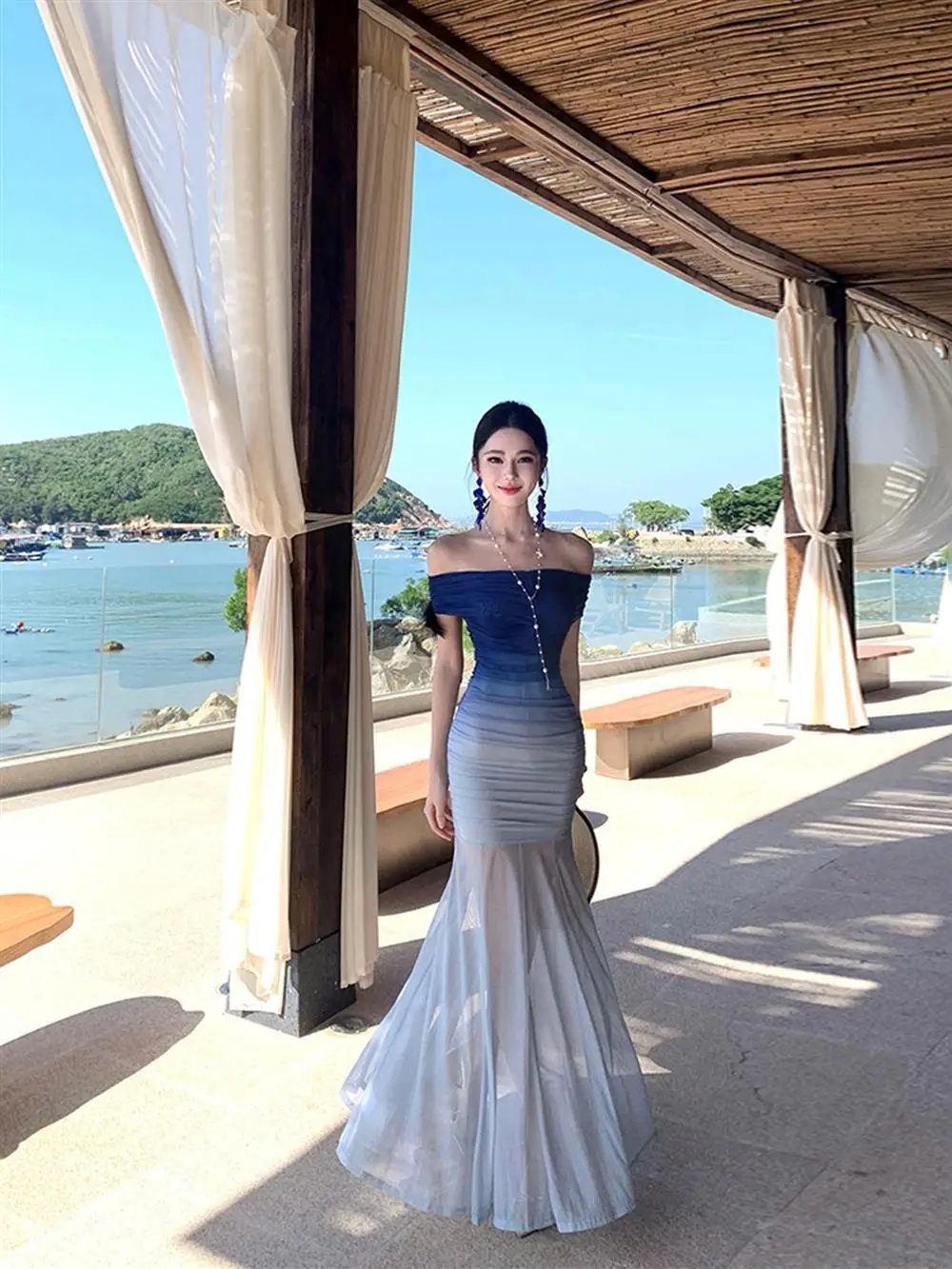Beach Vacation Atmosphere Blue Gradient Mesh One Shoulder Dress Women's Waist Cinched Bodycon Fish Tail Long Skirt