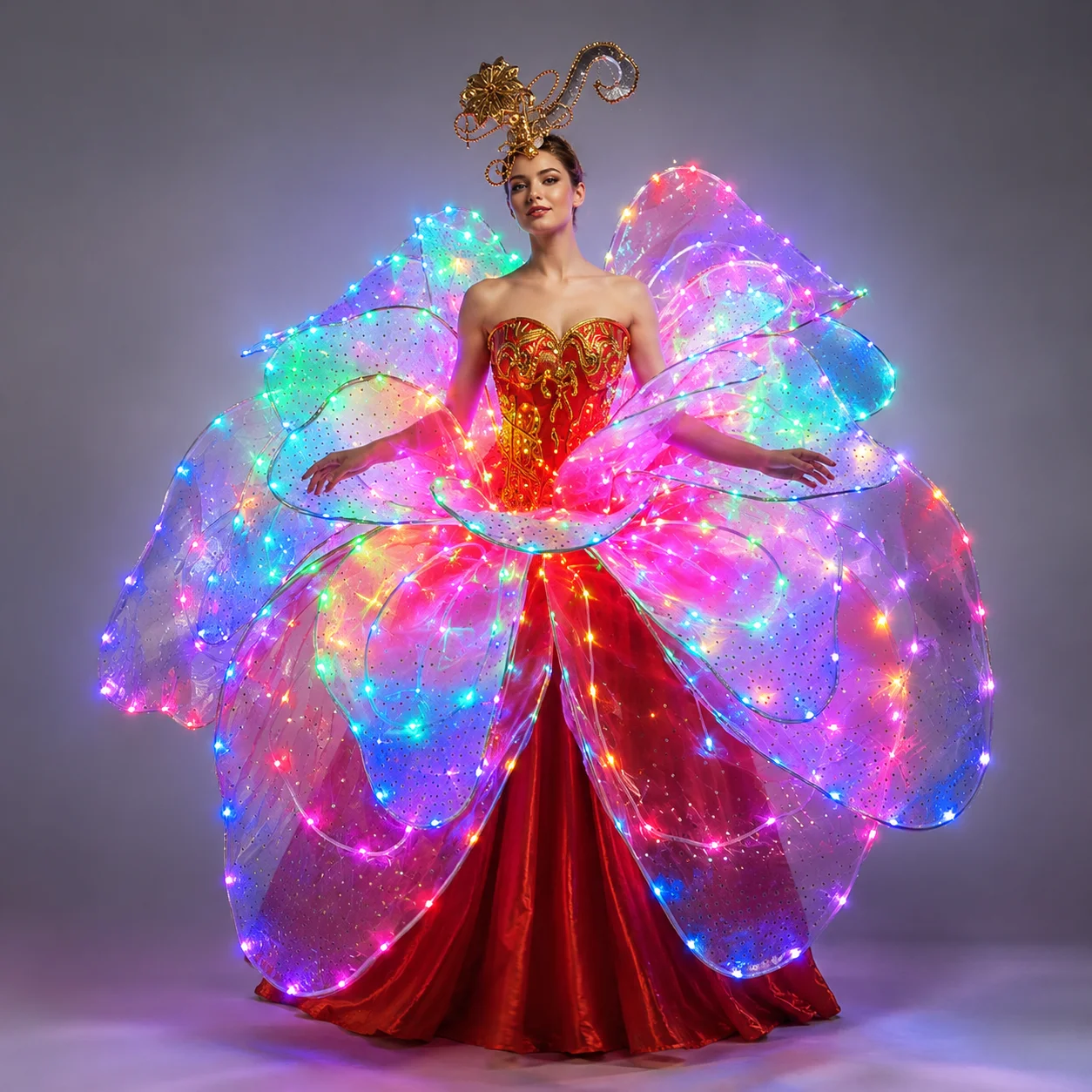 Full Color LED Petal Skirt Flower Opening Dance Big Swing Dress Modern Dance Performance Dress LED Robot Suit Blossom Long Dress