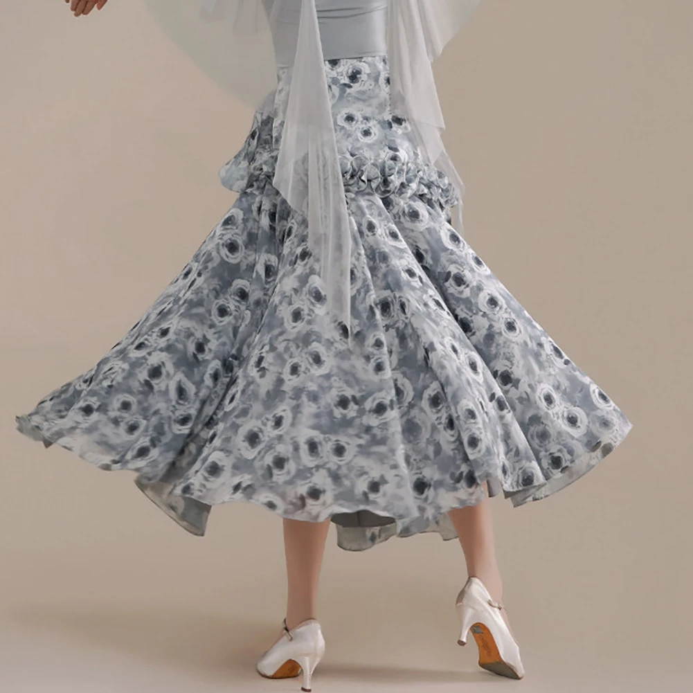 

Pleated Lace Viennese Waltz Skirt Elegant Competition Ballroom Dance Midi Skirt Standard Ink Printed Purple Women's Skirt