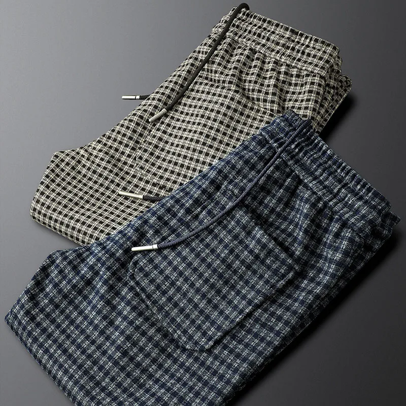 Light luxury blue plaid casual pants men's straight slim fit elastic waist drawstring high-end trousers thick style warm