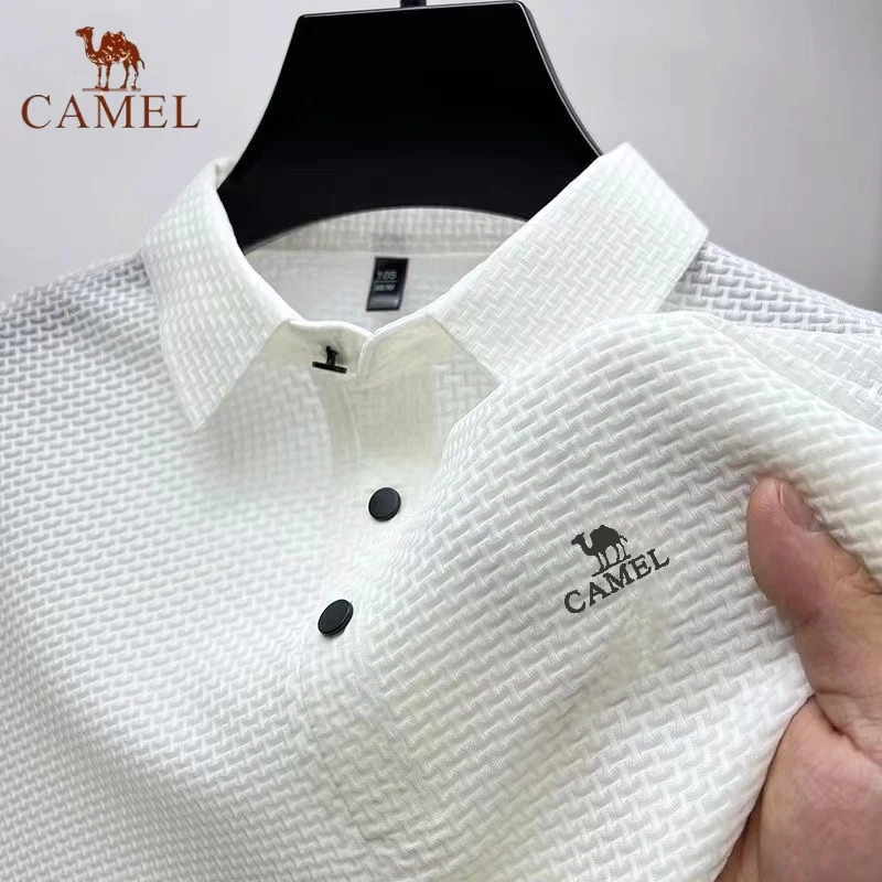 High End Embroidered CAMEL Knitted Ice Silk Polo Shirt, Summer Men\'s High-end Business Casual Breathable Short Sleeved T-shirt