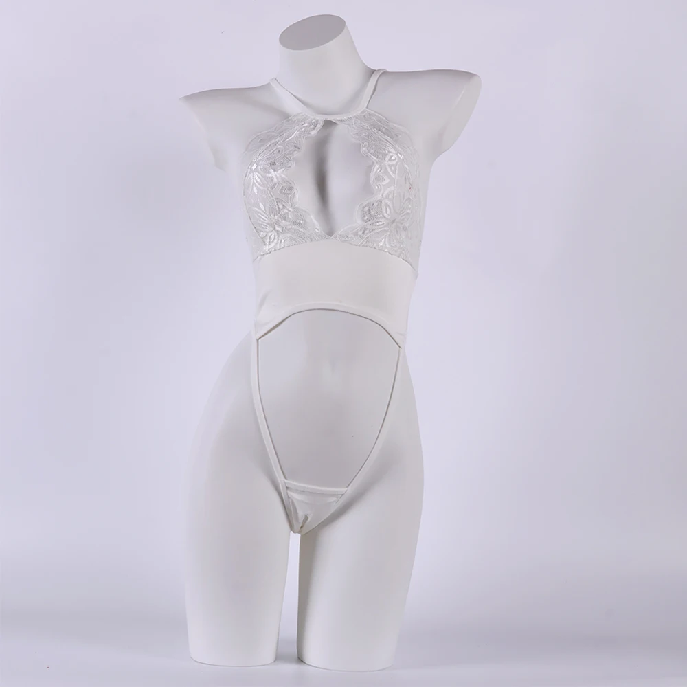 

Sexy Women's Lace One-piece Bra Set Temperament Hanging Neck Deep V Seduction Underwear Exotic Doll Hollow Out Backless Pajamas