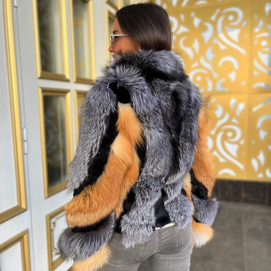 Fashion Genuine Leather Fox Fur Jacket Stand Collar Women Winter Outwear Thick Warm Natural Real Fox Fur Coats Trendy Overcoat