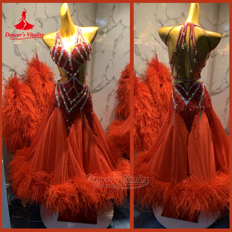 

Social Dance Feather Lower Hem Wrapped Hips Big Swing Dress Custom Adult Waltz Tango Contest Sleeveless Attire Dancer's Vitality
