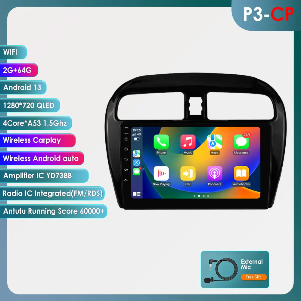 Hizpo 9 inch draadloze CarPlay Android Auto autoradio voor MITSUBISHI Mirage Spacestar Attrage 2012-2018 Dodge Attitude Multimedia draadloze Apple CarPlay slimme intelligente systemen IPS touchscreen