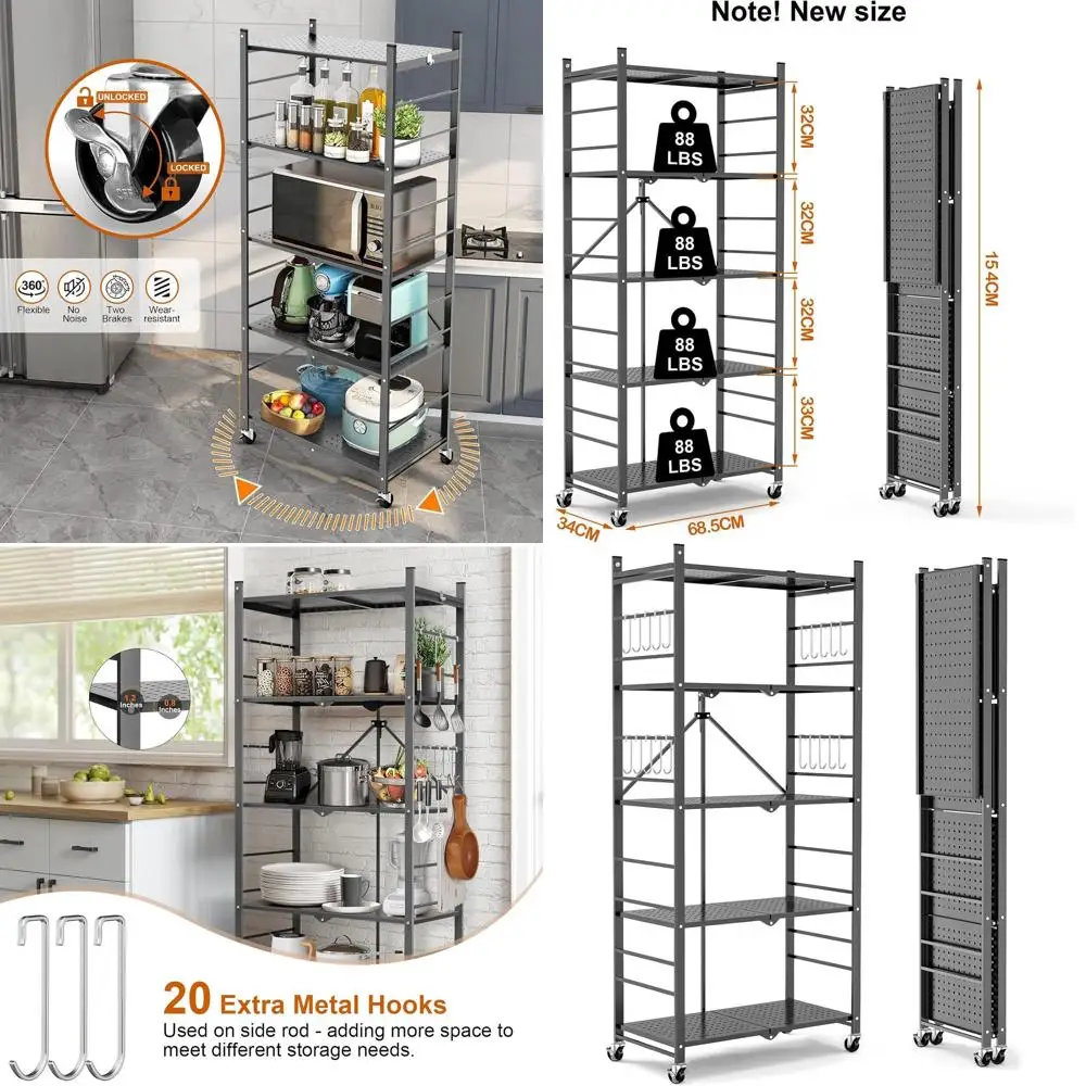 رف تخزين قابل للطي من 5 طبقات باللون الرمادي مع 20 خطافًا وعجلات للمنزل، عروض حرفية، لا حاجة للتجميع