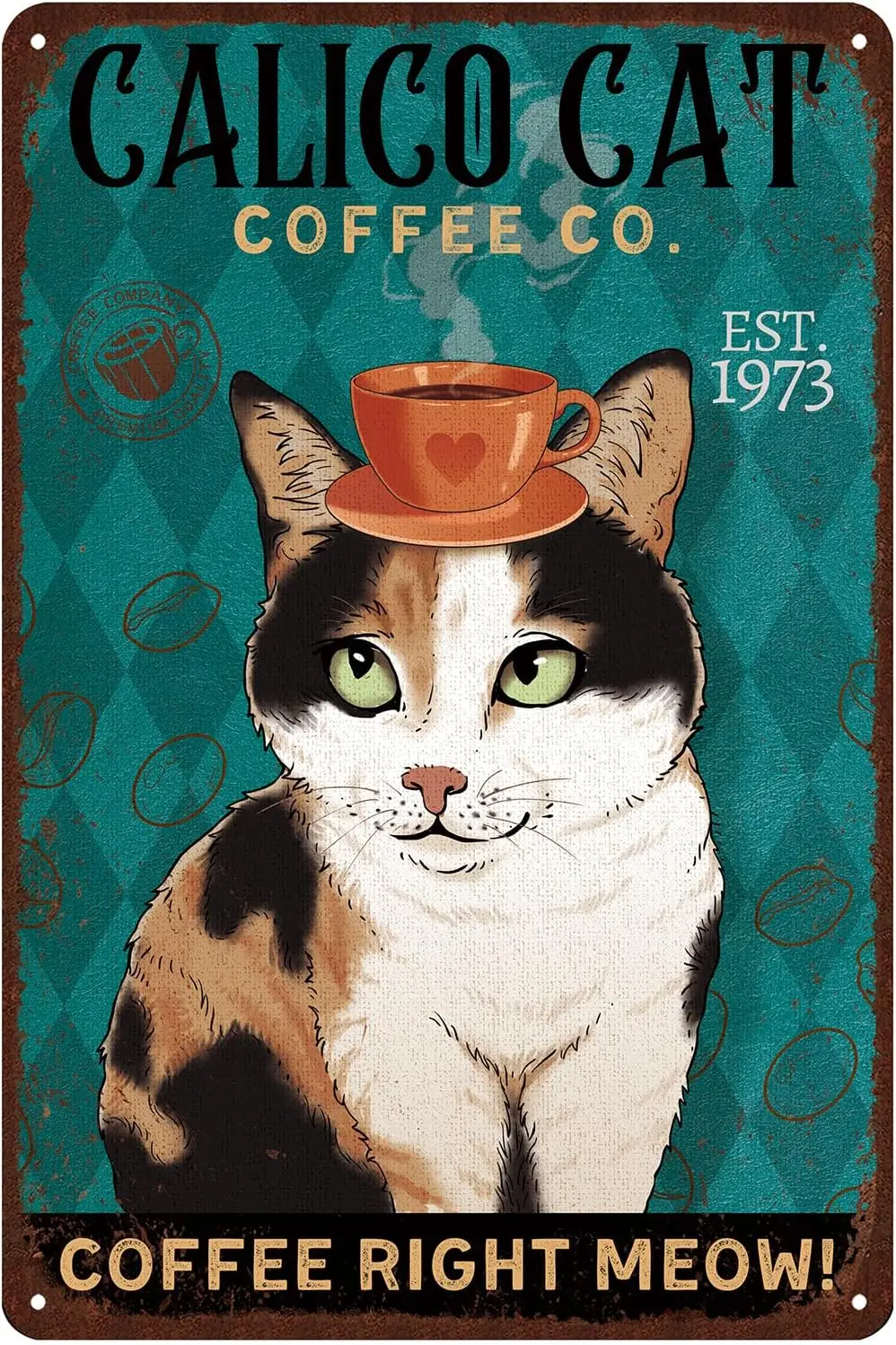 Retro Cat Metal Sign Vintage Coffee Bar Tin Signs Funny Wall Decor - calico cat coffee co. coffee right meow!