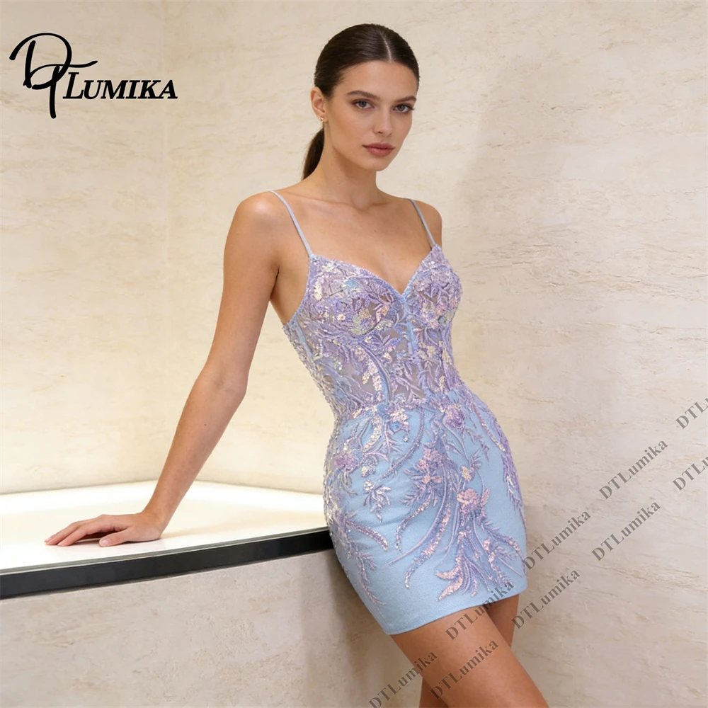 DTLumika Women’s Spaghetti Strap Heart Neck Sequin Embroidered Light Blue Mini Cocktail Dress for Party Wedding Guest Prom Gown