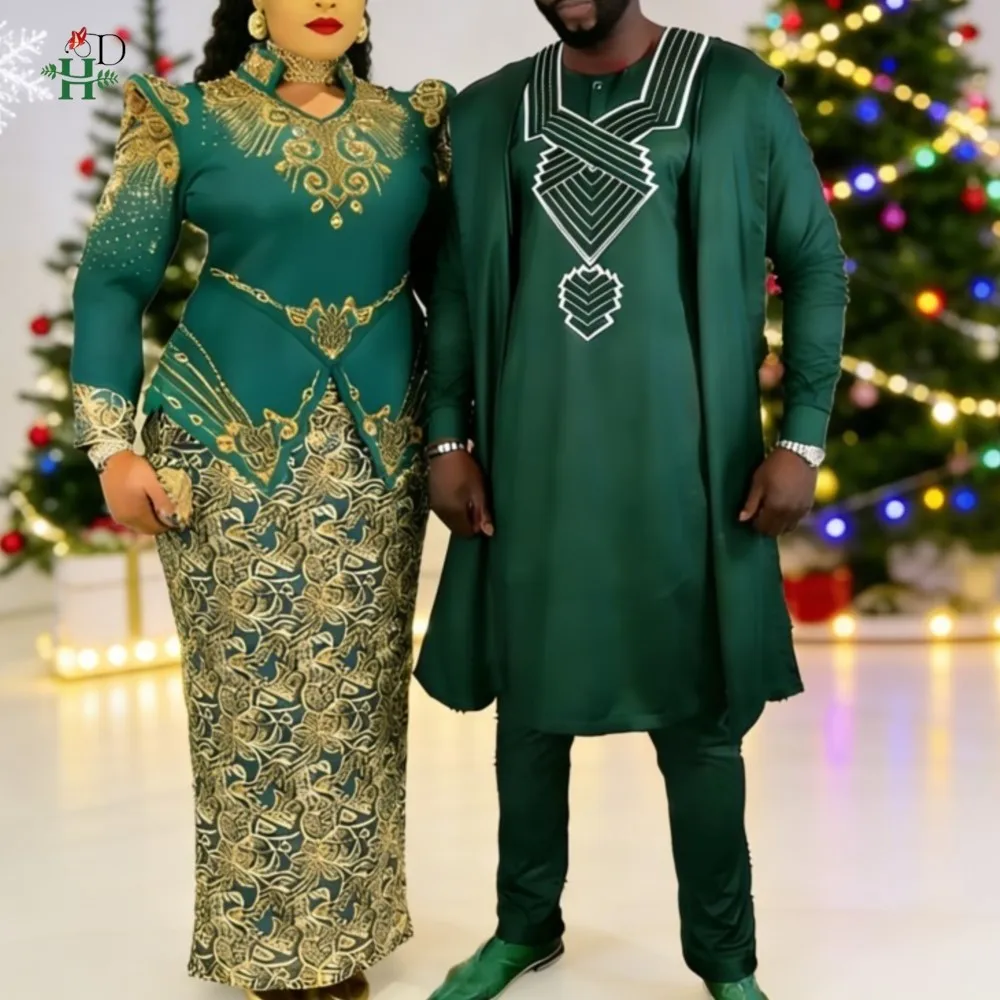 

African Clothes Plus Size For Men Elegant Party Wedding Thobe Embroidery Green Gown Couple's Christmas Dress Evening Dress 2025