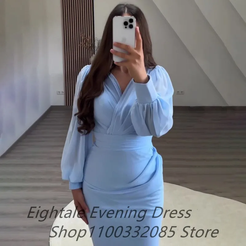 Eightale Customized Sky Blue Mermaid Chiffon Evening Dress Plus Size High Waist Puff Sleeve Prom Dress For Wedding Party