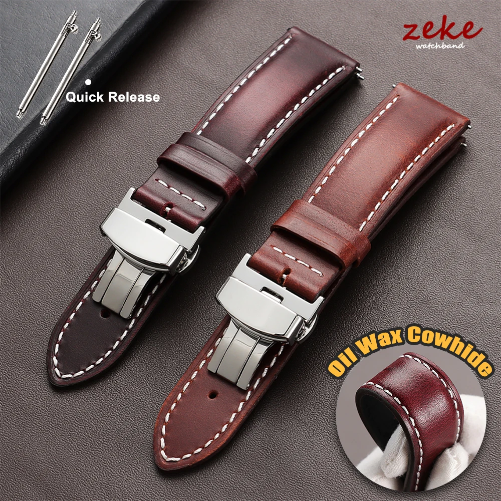Vintage Oil Wax Leather Watch Strap 18mm 20mm 22mm Universal Head Layer Cowhide Watchband Accessories Butterfly Buckle Bracelet