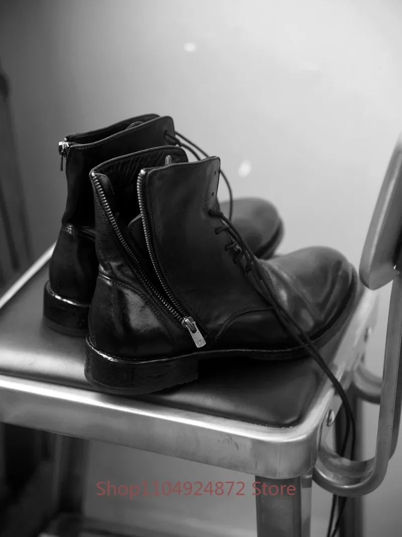 Designer Luxury Genuine Leather Washed Cowhide Ankle Boots Men's Shoes Thin Soled Pointed Toe  Zipper Riding Chelsea Boots Male
