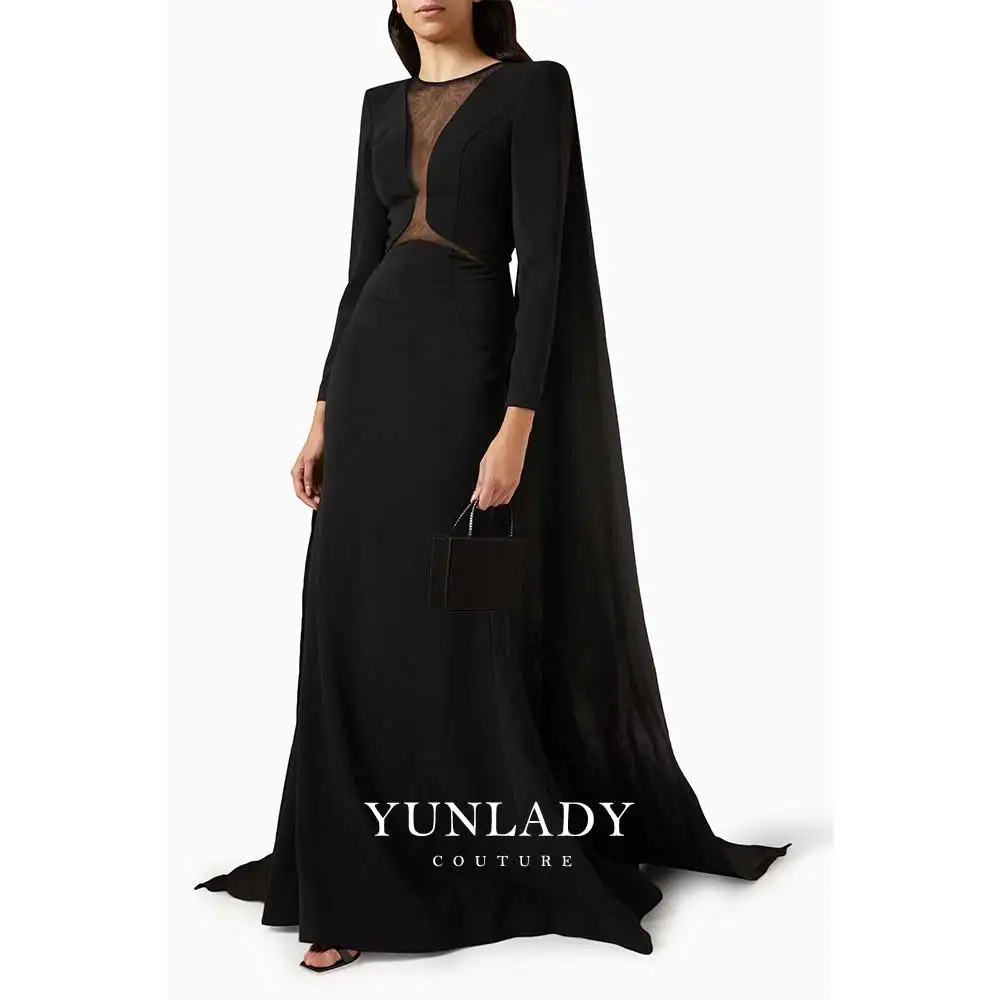 YUNLAN Elegant Black Crepe Long Sleeve Shawl Evening Gown Luxurious Formal 2024 Arabian Wedding Formal Party Cover Up Dress