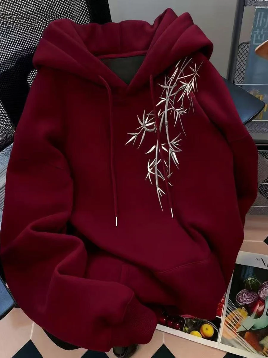 

plus Size Hoodie Sweatirt Fce Lined Printed Bamboo Le Design ex Autumn Winter Casual Comfortable Breathable Coat