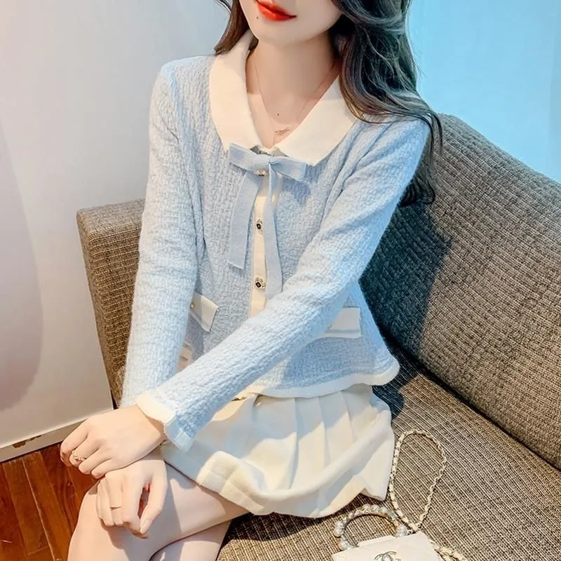 New autumn bow small fragrant style cardigans chic top small and age reducing knitted base shirt women's ruffle edge