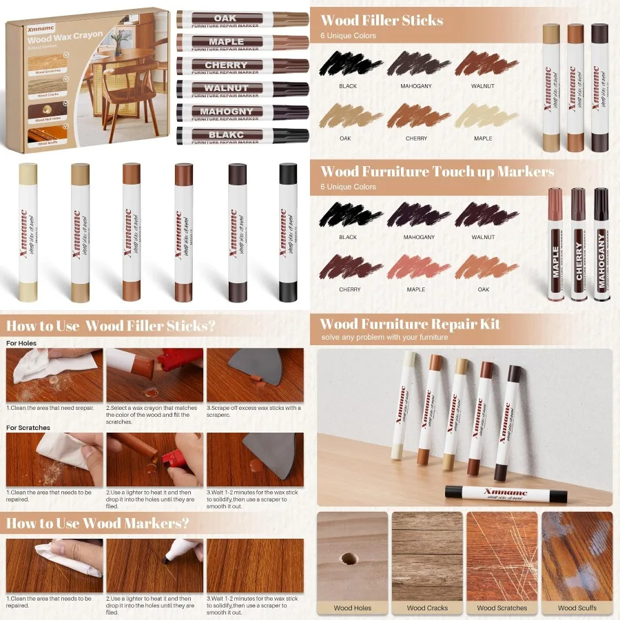 أعواد حشو الخشب 12 لونًا من أقلام تلوين الشمع الخشبية علامات الأثاث التي تعمل باللمس لإصلاح أي أدوات صفر الأثاث والشقوق والناي #1